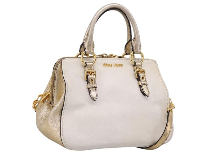 Bolsa de Mão Miu Miu Madras Leather 2way Gold Auth 207611A Dourado