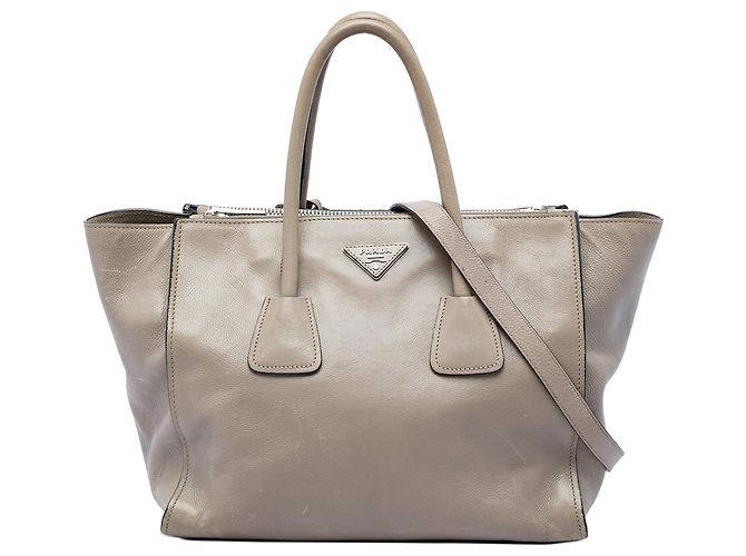 Double Bolsa Prada Glace Calf de Alça Dupla e Bolso Duplo, Castanho Marrom