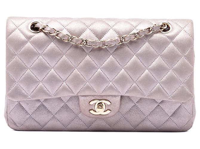 Bolsa de Ombro Chanel Medium Classic Double Flap em pele de cordeiro iridescente rosa