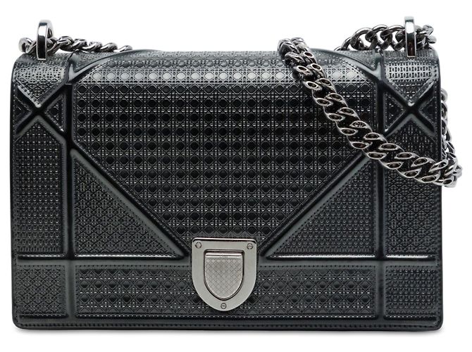 Diorama Schultertasche mit Klappe aus Lackleder Microcannage in Schwarz, Medium