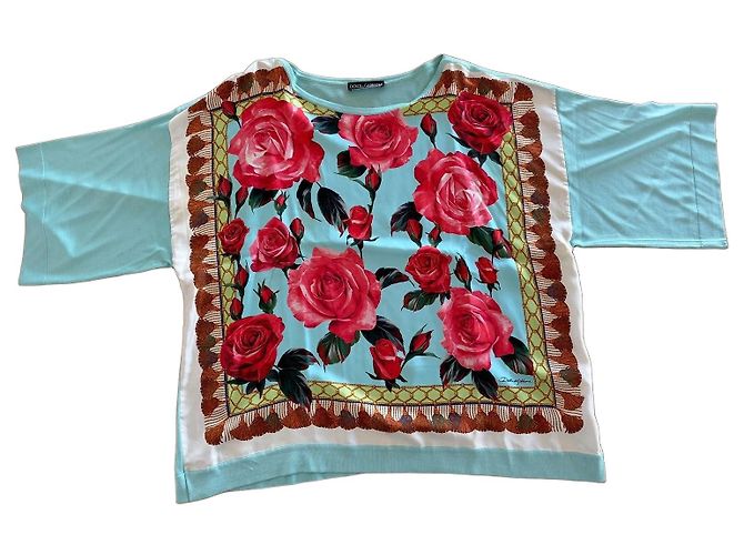 Dolce & Gabbana Top de Seda Estampado de Rosas Blu Mediterraneo Marrom Vermelho Verde Azul claro
