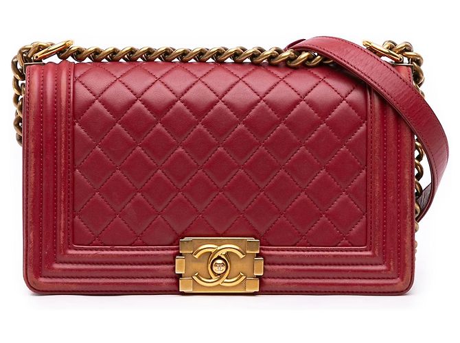 Bolso bandolera Chanel Boy Flap de piel de cordero acolchada, Old Medium, Rojo Roja