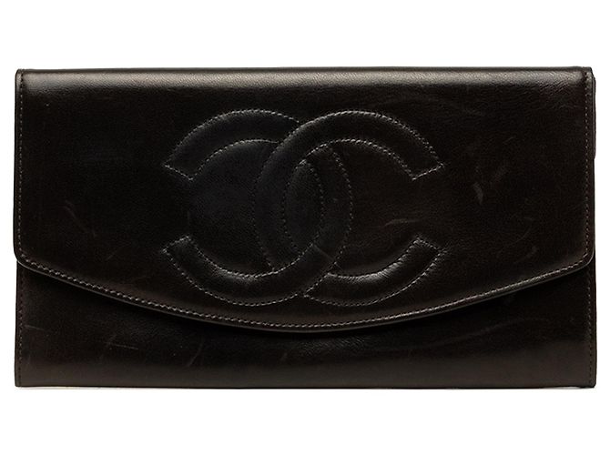Cartera larga Chanel CC Double Flap de piel de cordero acolchada negra Negro