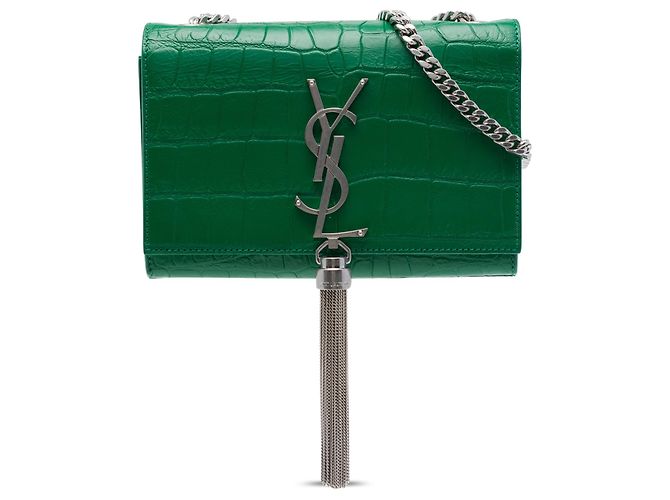 Autre Marque Borsa a tracolla Saint Laurent Kate Tassel Small in pelle embossed croc verde con monogramma