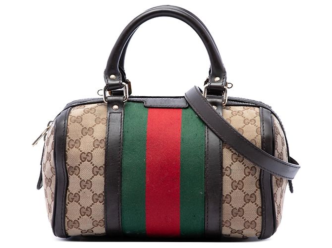 Bolsa Boston Satchel Gucci Small GG Canvas Web Joy Bege