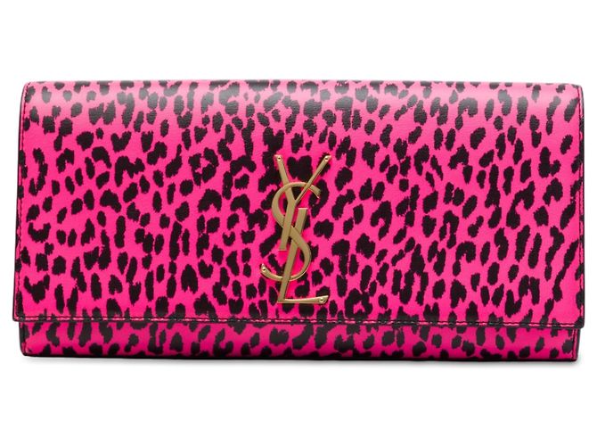 Autre Marque Clutch Saint Laurent in pelle rosa con stampa leopardata e monogramma Cassandre