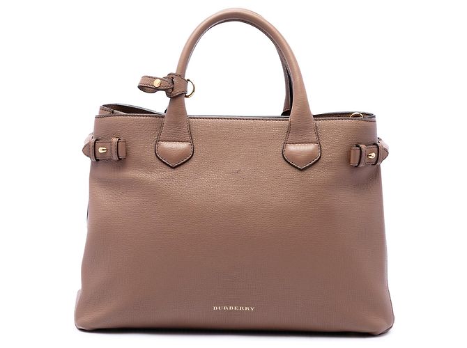 Borsa Satchel Burberry Medium in vitello marrone e House Check Banner