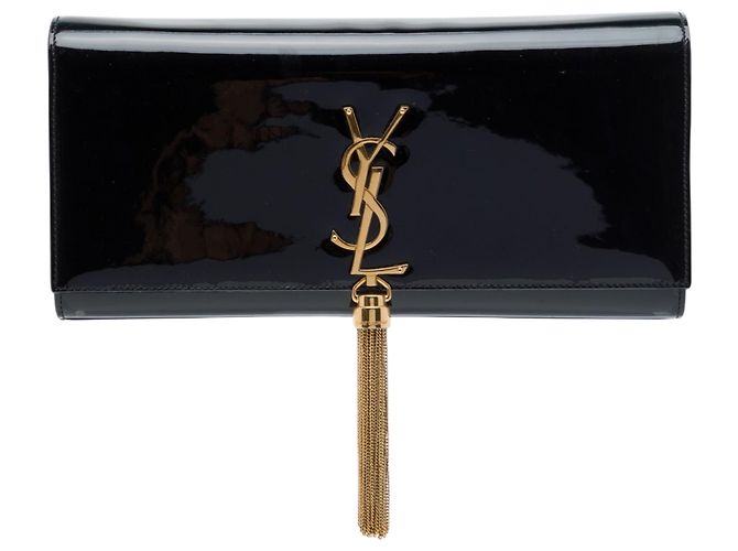Autre Marque Clutch Saint Laurent Cassandre con borla en charol negro
