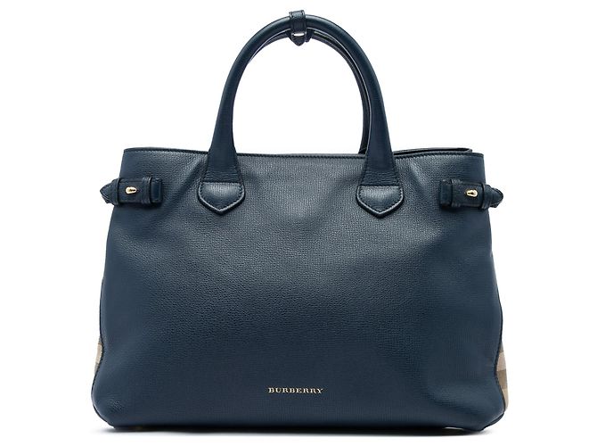 Borsa Satchel Banner Burberry Medium in pelle e House Check blu