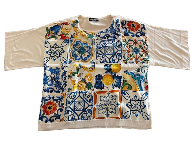 Top de seda Maiolica Dolce & Gabbana Blanco Azul Verde Naranja Amarillo
