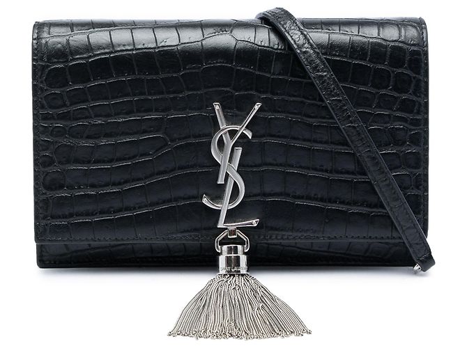 Autre Marque Saint Laurent Monogram Kate Crossbody-Bag mit Quaste aus Leder in Krokoprägung, Schwarz