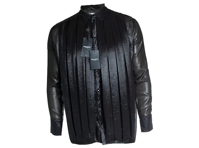 Autre Marque Saint Laurent, Camicia in lurex nera con dettagli arricciati Nero