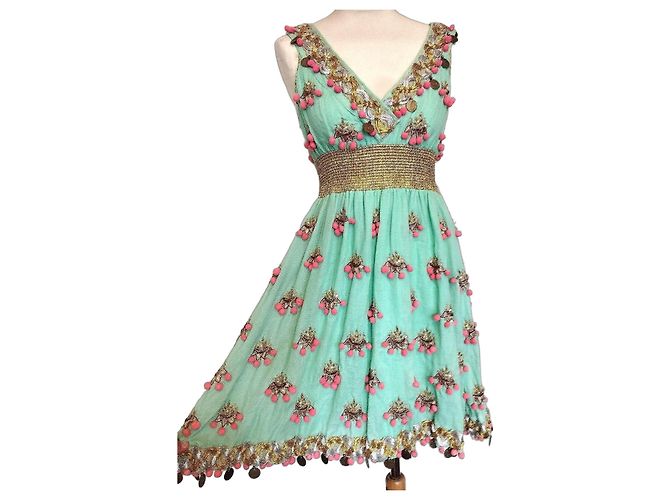 Manoush Vestido Féerie Piecettes Bordado em Lã de Algodão e Couro Rosa Turquesa Gold hardware