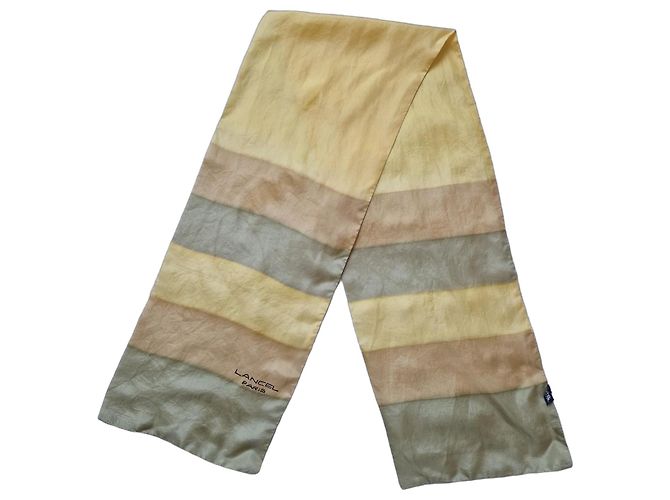 Lancel Paris Striped Silk Scarf Beige Green Yellow