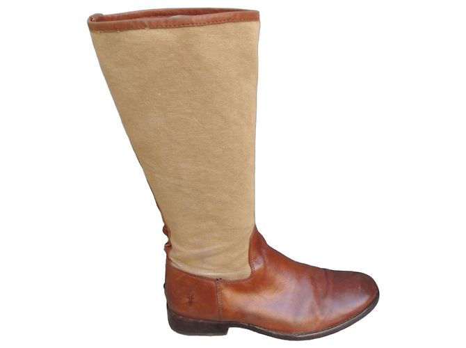 Frye Brown Leather and Canvas Knee-High Boots Beige