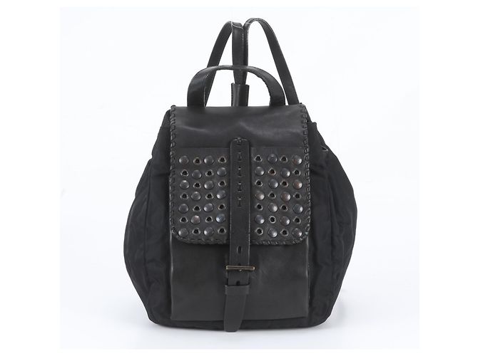 Prada Tessuto Nylon Triangle Logo Studded Leather Backpack Black