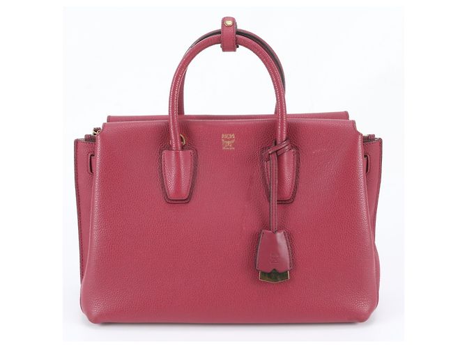 MCM Mila Leather Handbag Tote Bag Red Dark red