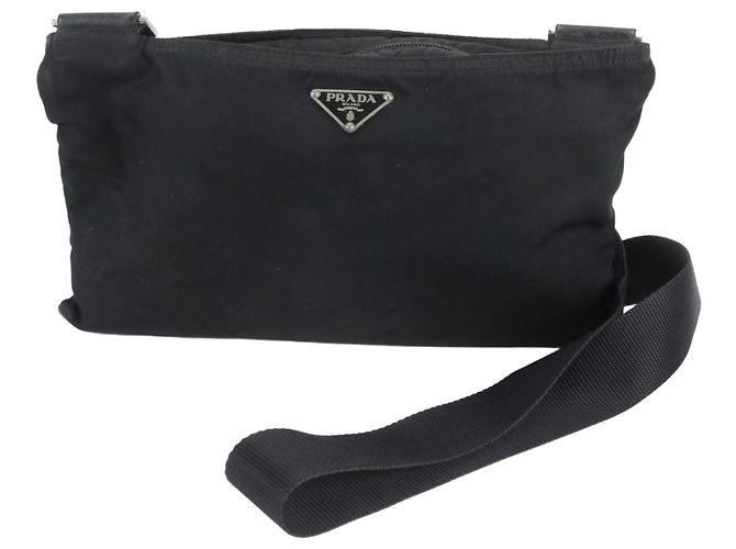 Prada Tessuto Nylon Triangle Logo Leather Shoulder Bag Black