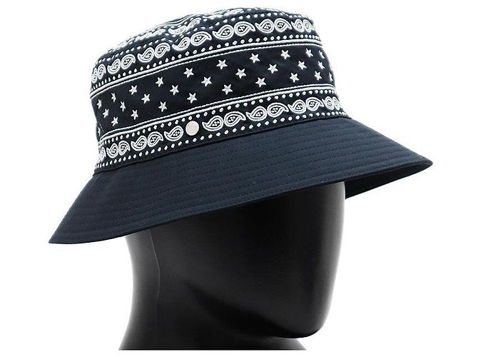 Sombrero bucket Hermès de mezcla de algodón bordado Blanco Azul Azul marino