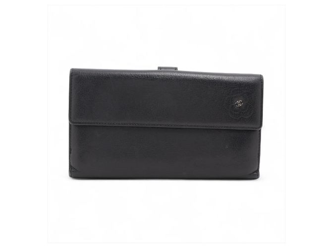 Chanel Camellia Lambskin Leather Bi-fold Long Wallet Black