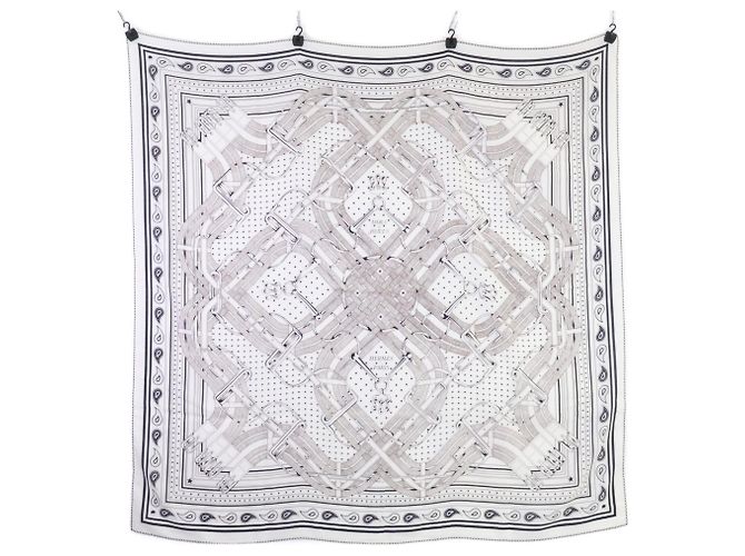 Hermès Lenço de seda e cashmere Hermes Mors a Jouets Branco Azul marinho
