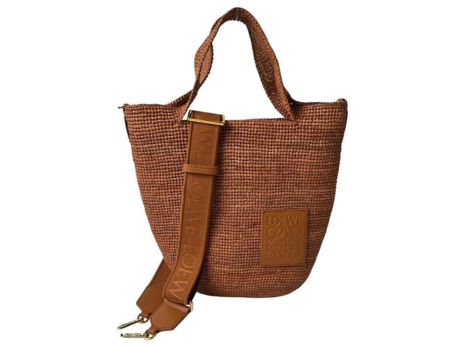 Bolsa Loewe Mini Slit Castanha de Ráfia e Pele Marrom