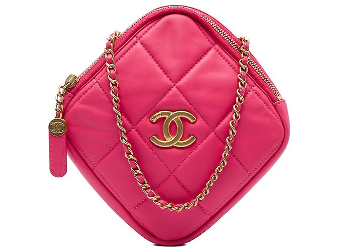 Clutch Chanel Pink CC em pele de cordeiro acolchoada Diamond com corrente Rosa