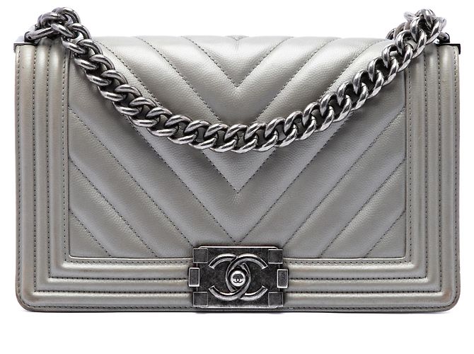 Chanel Silver Old Medium Chevron Caviar Boy Flap Argento