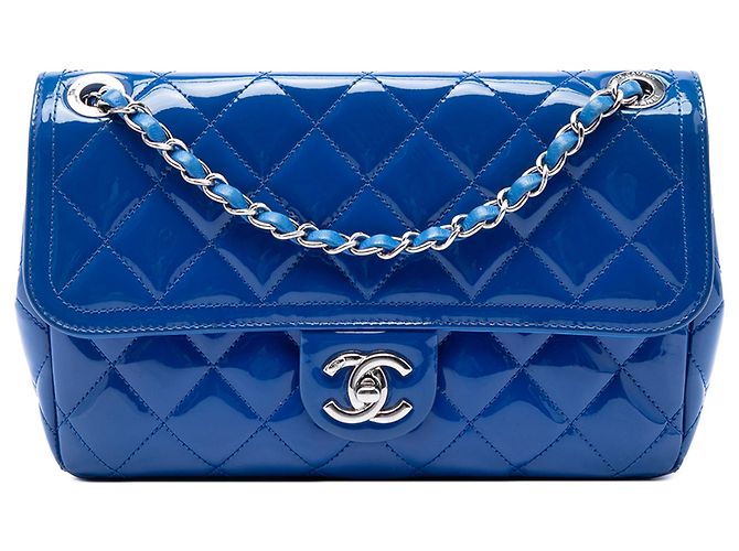 Chanel Blue Medium Quilted Patent Coco Shine Flap Bleu