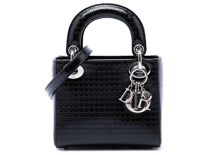 Dior Black Mini Metallic Patent Microcannage Lady Dior Noir