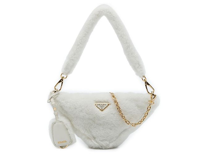 Prada White Mini Shearling Triangle Satchel