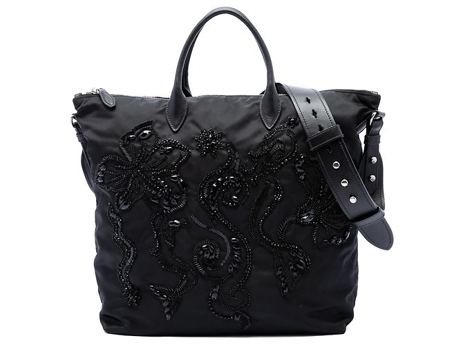 Borsa tote convertibile Prada in Tessuto nero con perline e applicazioni floreali