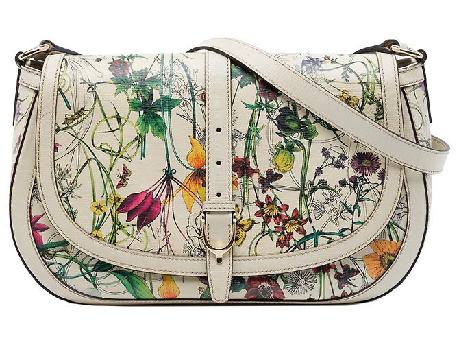 Gucci Flora Nice Stirrup Crossbody em couro de bezerro branco Cru