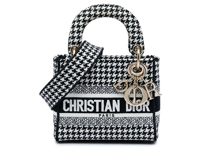 Dior White Mini Embroidered Canvas Houndstooth Lady D Lite Weiß