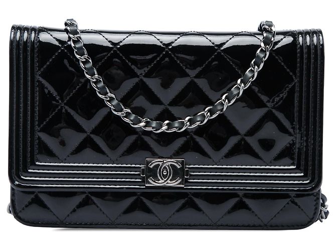 Chanel Black Quilted Patent Boy Wallet on Chain Noir