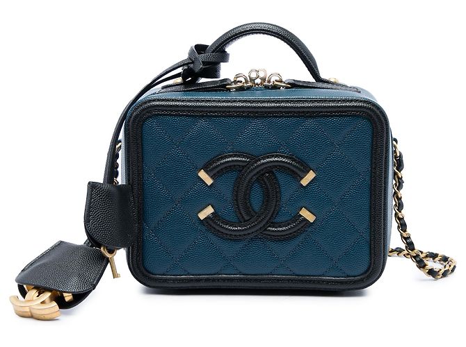 Chanel Blue Small Bicolor Caviar CC Filigree Vanity Case Bleu