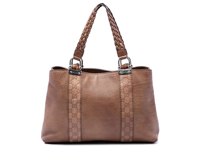Bamboo Tote Gucci Libeccio em couro de bezerro marrom Medium com acabamento Guccissima e bambu