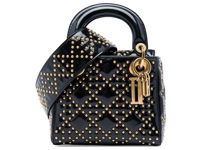 Dior Mini Lady Dior Supple en cuir verni noir avec clous Cannage