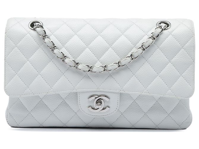 Chanel White Medium Classic Caviar Double Flap Branco