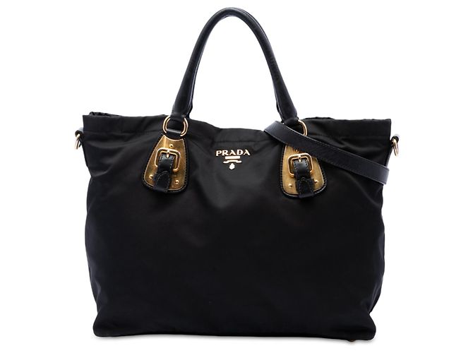Tote Borsa Shopping Convertible Aperta Prada in Tessuto e Pelle di Vitello Morbida Nera Nero
