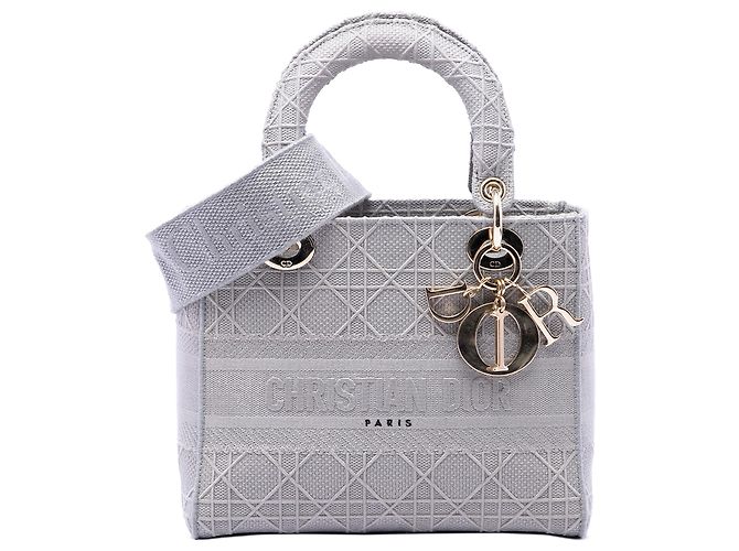 Dior Gray Medium Embroidered Canvas Cannage Lady D Lite Marrone