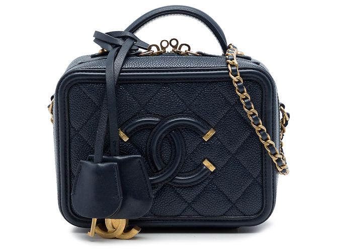 Chanel Blue Small Caviar CC Filigree Vanity Case Bleu Bleu Marine