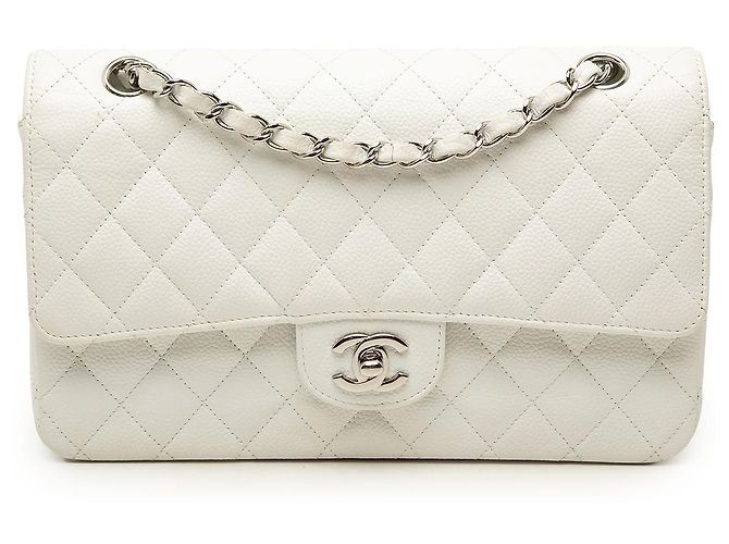 Chanel White Medium Classic Caviar Double Flap Branco Fora de branco