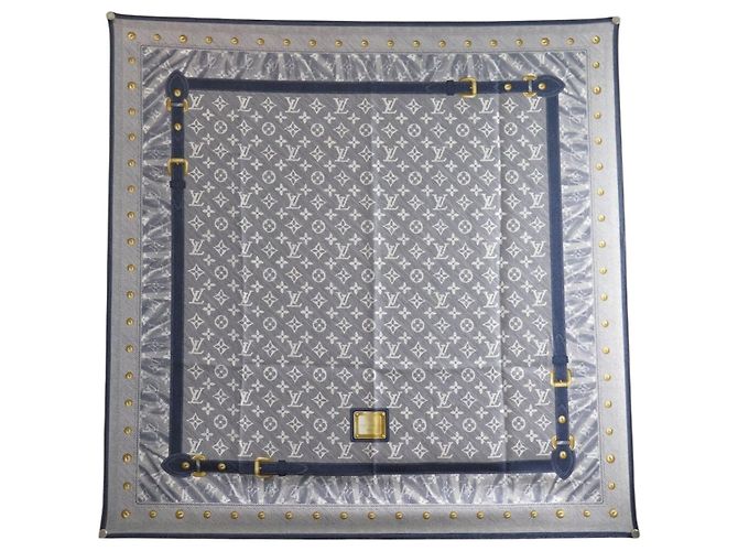 NUEVO PAÑUELO LOUIS VUITTON CARRE STUDY DENIM MONOGRAM 90 CM SEDA AZUL