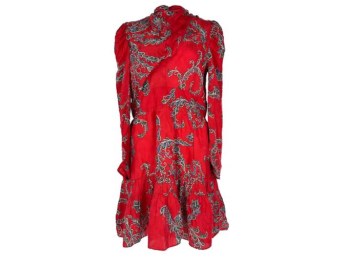 Sandro Draped Neckline Printed Mini Dress in Red Viscose