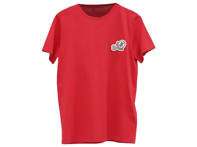 Moncler T-Shirt aus roter Baumwolle mit Doppel-Logo-Patch