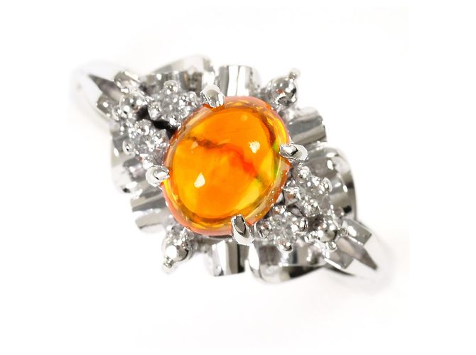 Autre Marque PT900 Platinring mit Feueropal und Diamant
