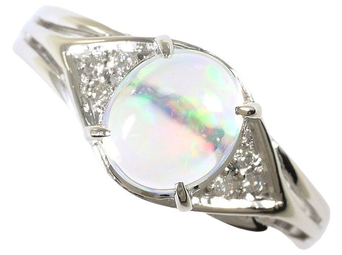 Autre Marque Platin-Bandring mit Diamanten und Opal