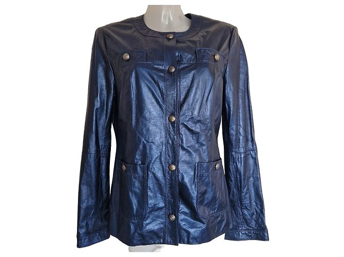 Autre Marque St. John Metallic Navy Blue Lamb Leather Jacket Dark blue