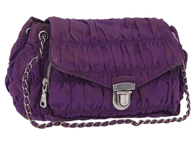Bolso de hombro con cadena PRADA Nylon Purple Silver Auth ka6524 Plata Púrpura